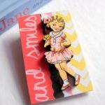 And Smiles Vintage Girl In A Pink Dress 3D Dimensional Pin Badge Brooch - Lg Chipboard Paper And Wood Decoupage Collage - Orange Blue Pink Polka Dots