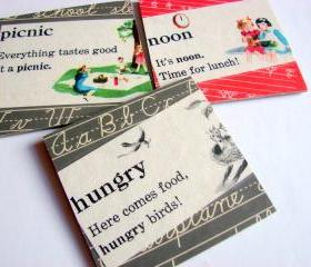 Vintage Dictionary - It's Noon Time For A Picnic Lunch - Coaster Set - Small Paper Chipboard Decoupage Collage Drink Bar Tea Beverage Coffee