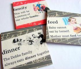 Vintage Dictionary - Feed The Family At Dinner Time - Coaster Set - Small Paper Chipboard Decoupage Collage Drink Bar Tea Beverage Coffee