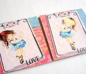 Little Ballerinas In Blue Tutus Dancing - Love - Coaster Set - Small Paper Chipboard Decoupage Collage Drink Bar Tea Beverage Coffee