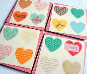  Vintage Hearts Love And Romance - Coaster Set - Small Paper Chipboard Decoupage Collage Drink Bar Tea Beverage Coffee