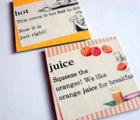 Vintage Dictionary - Hot Cocoa And Orange Juice - Coaster Set - Small Paper Chipboard Decoupage Collage Drink Bar Tea Beverage Coffee