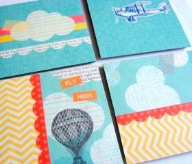  Fly High Hot Air Balloon Airplane and Clouds - Coaster Set - Small Paper Chipboard Decoupage Collage Drink Bar Tea Beverage Coffee