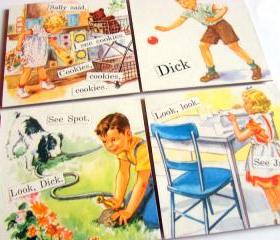  Look Dick See Spot See Jane See Sally - Dick and Jane - Coaster Set - Large Paper Chipboard Decoupage Collage Drink Bar Tea Beverage Coffee