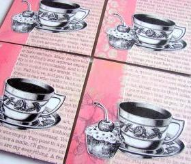 Tea Cups And Cupcakes With A Cherry On Top - Coaster Set - Large Paper Chipboard Decoupage Collage Drink Bar Tea Beverage Coffee