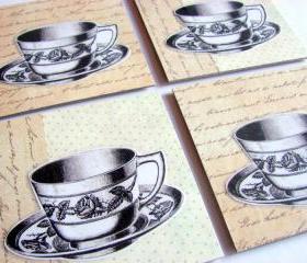 Victorian Teacups Tea Cups With Roses - Coaster Set - Small Paper Chipboard Decoupage Collage Drink Bar Tea Beverage Coffee