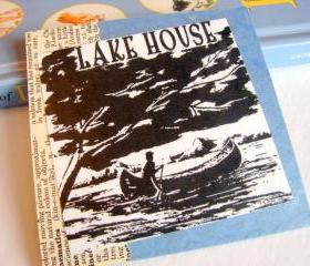 Lake House - Paddling A Canoe - Coaster - Large Paper Chipboard Decoupage Collage Drink Bar Tea Beverage Coffee