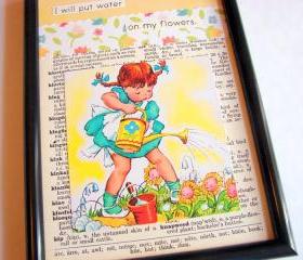 I Will Put Water On My Flowers - Girl In The Garden With A Watering Can - Kids Nursery Childrens Wall Art Decor Ready To Frame - Original Collage