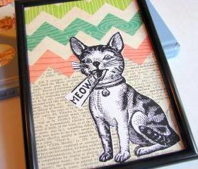 Kitty Cat Says Meow - Wall Art Decor Ready To Frame - Original Collage