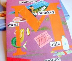 M Is For Mountain Meat Monkey Milk Money - Vintage Book Page - Alphabet ABC - Kids Nursery Childrens Wall Art Decor Ready To Frame - Original Collage