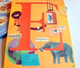 E Is For Earth Elevator Elephant Eye - Vintage Book Page - Alphabet ABC - Kids Nursery Childrens Wall Art Decor Ready To Frame - Original Collage