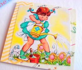 Mary Mary Quite Contrary - Girl Watering The Flowers - Coaster - Large Paper Chipboard Decoupage Collage Drink Bar Tea Beverage Coffee