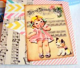 Royal Beauty Waltz - Girl And Puppy Dog - Coaster - Large Paper Chipboard Decoupage Collage Drink Bar Tea Beverage Coffee