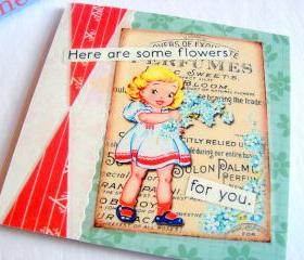 Vintage Girl - Here Are Some Flowers For You - Coaster - Large Paper Chipboard Decoupage Collage Drink Bar Tea Beverage Coffee