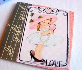 Love - Girl Playing Dress Up Looking In The Mirror - Coaster - Small Paper Chipboard Decoupage Collage Drink Bar Tea Beverage Coffee