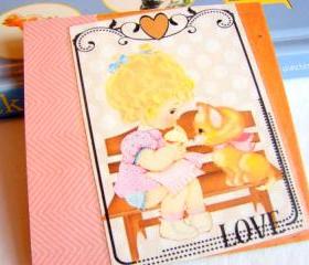 Love - Girl And Her Kitty Cat - Coaster - Small Paper Chipboard Decoupage Collage Drink Bar Tea Beverage Coffee