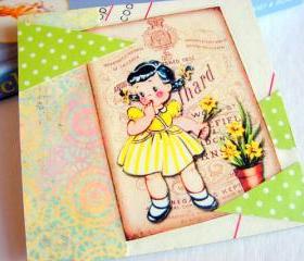 Girl Picking Daffodil Flowers - Coaster - Large Paper Chipboard Decoupage Collage Drink Bar Tea Beverage Coffee