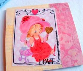 Girl Playing Dress Up With A Mirror - Love - Coaster - Large Paper Chipboard Decoupage Collage Drink Bar Tea Beverage Coffee