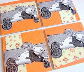 Victorian Bunny Rabbit Pull Toy On Wheels - Coaster Set - Small Paper Chipboard Decoupage Collage Drink Bar Tea Beverage Coffee