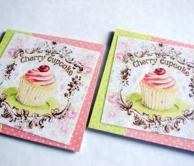 Cherry Cupcake - Coaster Set - Large Paper Chipboard Decoupage Collage Drink Bar Tea Beverage Coffee