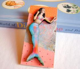 Mermaid In Orange Pink And Blue 3D Dimensional Pin Badge Brooch - Lg Chipboard Paper And Wood Decoupage Collage - Orange Blue Pink Polka Dots