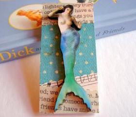 Mermaid In Aqua Blue And Green 3D Dimensional Pin Badge Brooch - Lg Chipboard Paper And Wood Decoupage Collage - Orange Blue Pink Polka Dots
