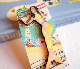 Mermaid In Yellow Pink And Aqua 3D Dimensional Pin Badge Brooch - Lg Chipboard Paper And Wood Decoupage Collage - Orange Blue Pink Polka Dots