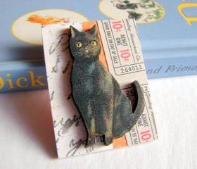 Black Cat Admit One Ten Cents Halloween 3D Dimensional Pin Badge Brooch - Lg Chipboard Paper And Wood Decoupage Collage - Orange Blue Pink Polka Dots
