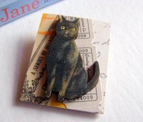 Black Cat Gray Ticket Halloween 3D Dimensional Pin Badge Brooch - Lg Chipboard Paper And Wood Decoupage Collage - Orange Blue Pink Polka Dots