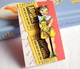 Vintage Girl Holding A Teddy Bear 3D Dimensional Pin Badge Brooch - Lg Chipboard Paper And Wood Decoupage Collage - Orange Blue Pink Polka Dots