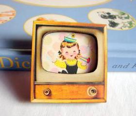 Birthday Party - Girl With A Party Hat And Horn - Television TV 3D Dimensional Pin Badge Brooch - Lg Chipboard Paper And Wood Decoupage Collage - Orange Blue Pink Polka Dots