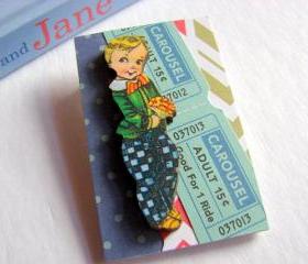 Carousel Ride - Vintage Boy With a Flower Bouquet 3D Dimensional Pin Badge Brooch - Lg Chipboard Paper And Wood Decoupage Collage - Orange Blue Pink Polka Dots