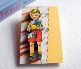 First Date - Boy With A Gift And Flower Bouquet 3D Dimensional Pin Badge Brooch - Lg Chipboard Paper And Wood Decoupage Collage - Orange Blue Pink Polka Dots