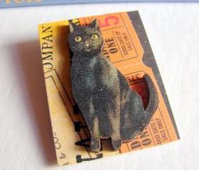 Admit One 5 Cents Black Cat Halloween 3D Dimensional Pin Badge Brooch - Lg Chipboard Paper And Wood Decoupage Collage - Orange Blue Pink Polka Dots