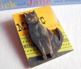 Black Cat Magic Halloween 3D Dimensional Pin Badge Brooch - Lg Chipboard Paper And Wood Decoupage Collage - Orange Blue Pink Polka Dots