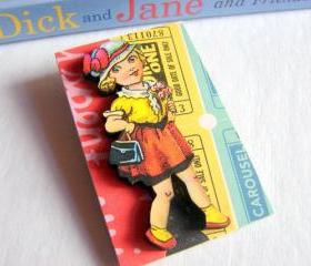 Vintage Girl With A Bouquet And Pocketbook 3D Dimensional Pin Badge Brooch - Lg Chipboard Paper And Wood Decoupage Collage - Orange Blue Pink Polka Dots