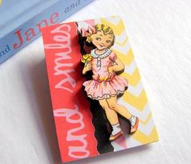 And Smiles Vintage Girl In A Pink Dress 3D Dimensional Pin Badge Brooch - Lg Chipboard Paper And Wood Decoupage Collage - Orange Blue Pink Polka Dots