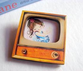 Dancing Girl - Ballerina In A Blue Tutu - Television TV 3D Dimensional Pin Badge Brooch - Lg Chipboard Paper And Wood Decoupage Collage - Orange Blue Pink Polka Dots