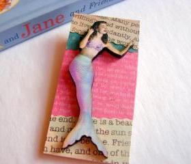 Mermaid In Pink Aqua Lavender 3D Dimensional Pin Badge Brooch - Lg Chipboard Paper And Wood Decoupage Collage - Orange Blue Pink Polka Dots