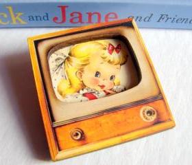Sweet Little Girl With A Bow In Her Hair - Television TV 3D Dimensional Pin Badge Brooch - Lg Chipboard Paper And Wood Decoupage Collage - Orange Blue Pink Polka Dots