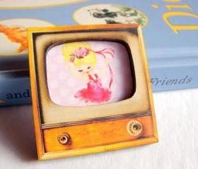 Dancing Girl - Ballerina In A Pink Tutu - Television TV 3D Dimensional Pin Badge Brooch - Lg Chipboard Paper And Wood Decoupage Collage - Orange Blue Pink Polka Dots